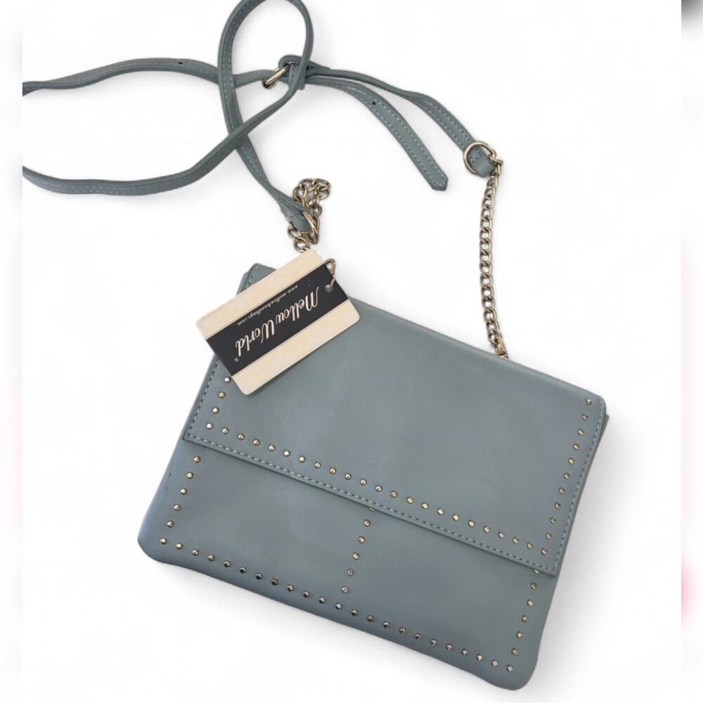 Mellow World Studded Triple-Compartment Crossbody Small Purse Blue Gray NWT